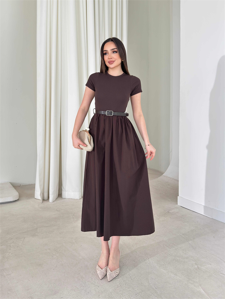 Kemerli Kısa Kollu Belden Oturtmalı Kahverengi Avery Kadın Elbise 26Y162