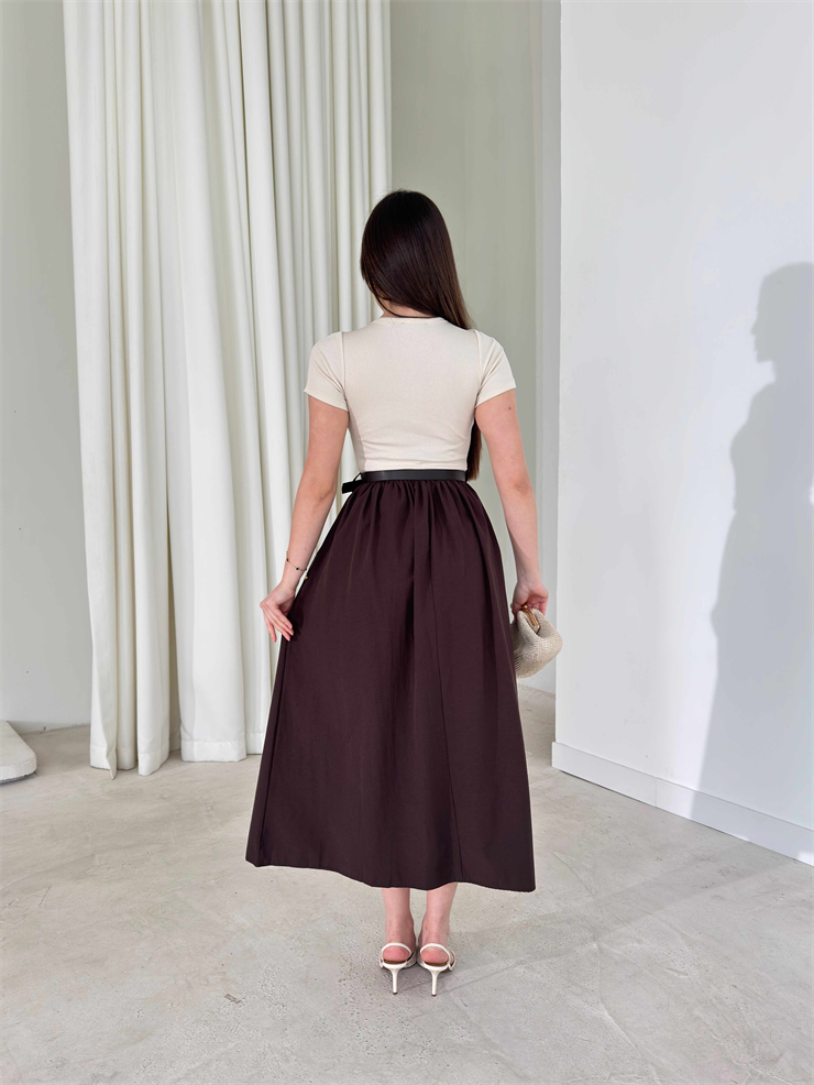 Kemerli Kısa Kollu Belden Oturtmalı Bej Avery Kadın Elbise 26Y162