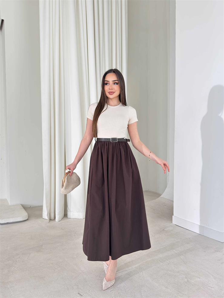 Kemerli Kısa Kollu Belden Oturtmalı Bej Avery Kadın Elbise 26Y162