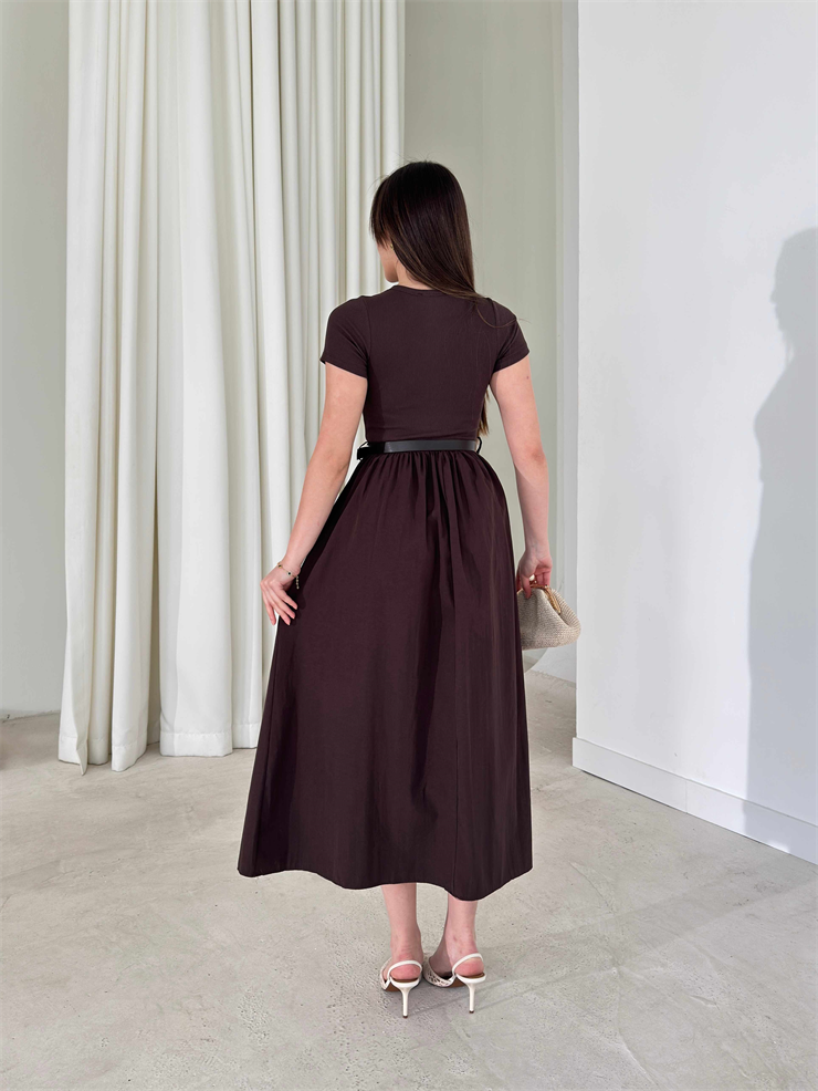 Kemerli Kısa Kollu Belden Oturtmalı Kahverengi Avery Kadın Elbise 26Y162