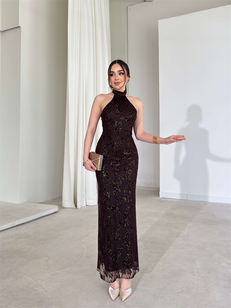 Boyundan Bağlamalı Parlak Simli Desenli Avmo Kahverengi Kadın Elbise 26Y093