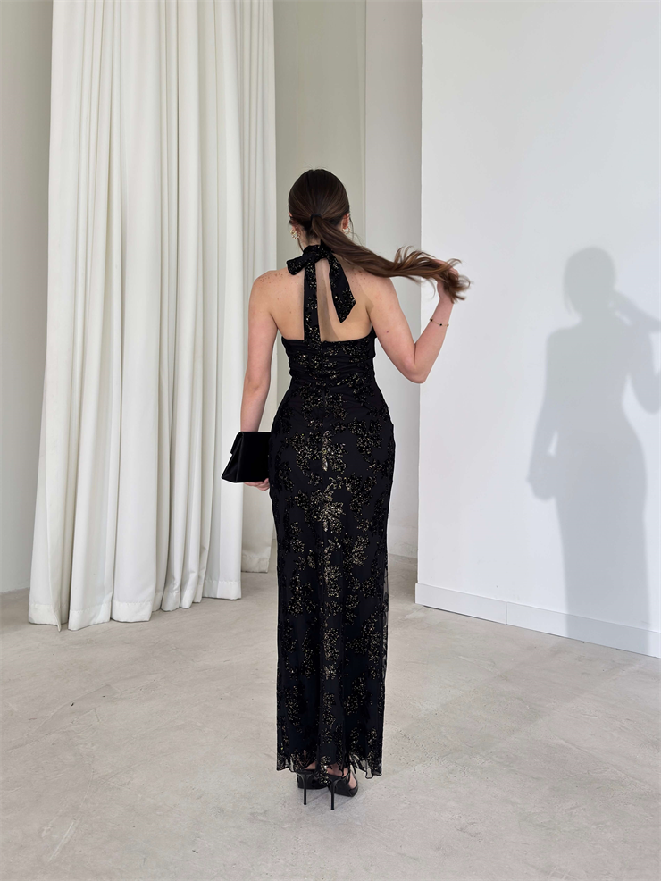 Boyundan Bağlamalı Parlak Simli Desenli Avmo Siyah Kadın Elbise 26Y093