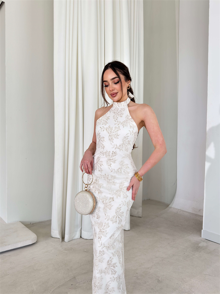 Boyundan Bağlamalı Parlak Simli Desenli Avmo Beyaz Kadın Elbise 26Y093