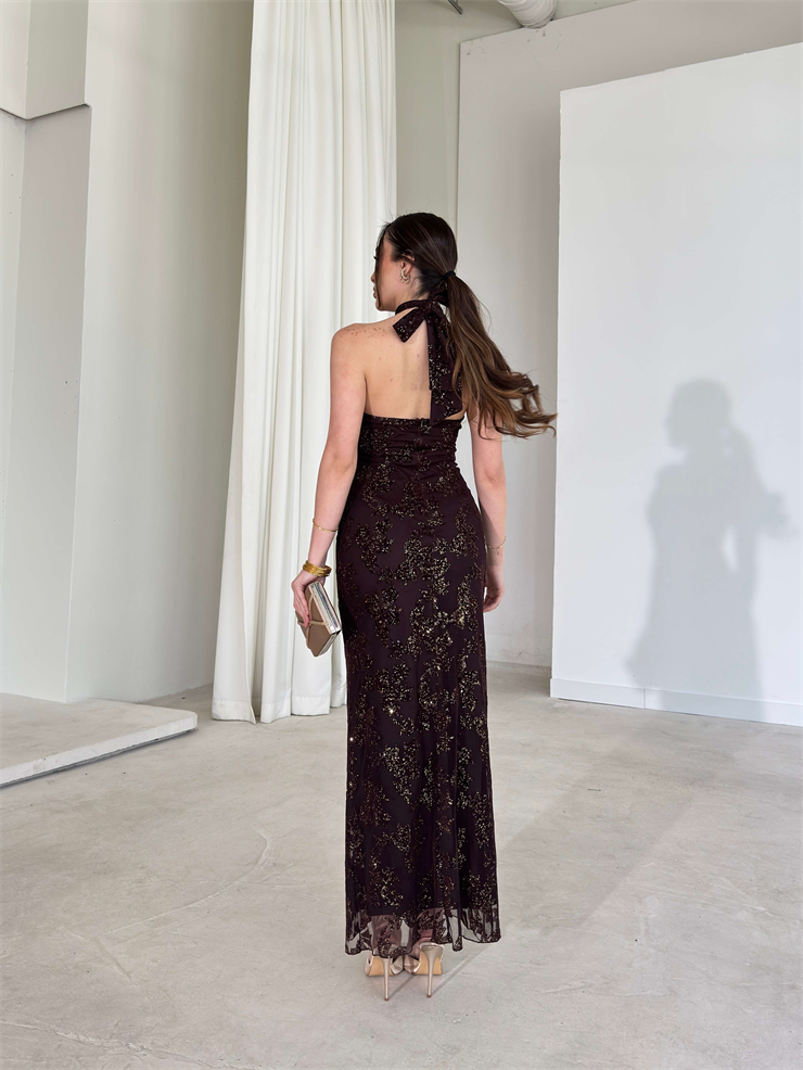 Boyundan Bağlamalı Parlak Simli Desenli Avmo Kahverengi Kadın Elbise 26Y093