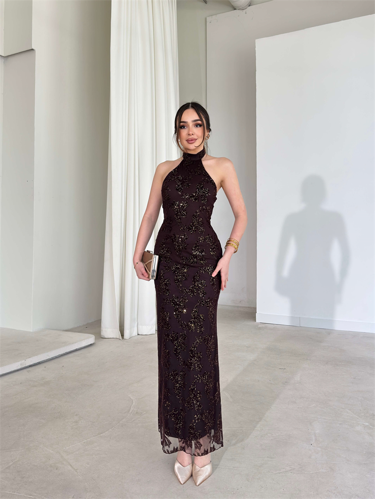 Boyundan Bağlamalı Parlak Simli Desenli Avmo Kahverengi Kadın Elbise 26Y093