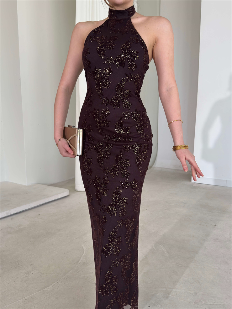 Boyundan Bağlamalı Parlak Simli Desenli Avmo Kahverengi Kadın Elbise 26Y093