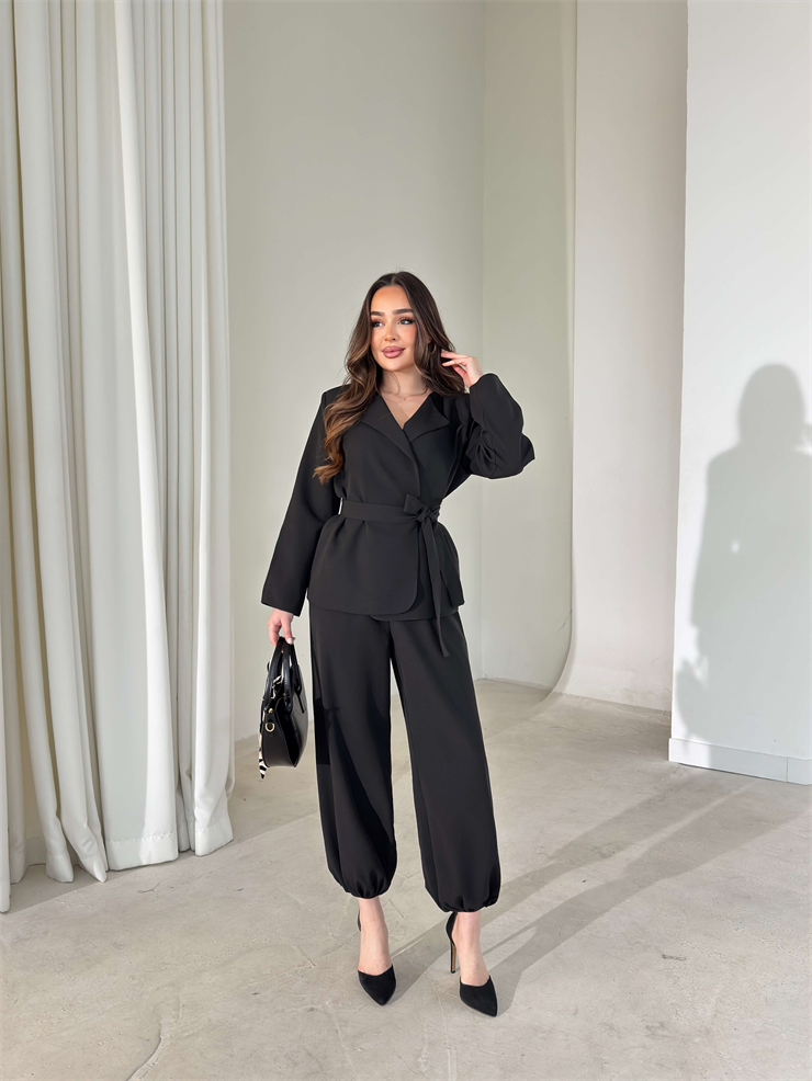 Kuşaklı Paçası Lastikli Avrima Siyah Kadın İkili Takım 26Y025