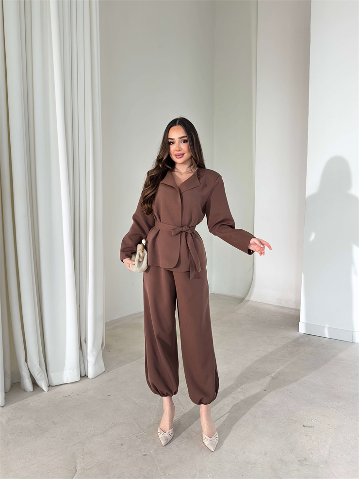 Kuşaklı Paçası Lastikli Avrima Kahve Kadın İkili Takım 26Y025