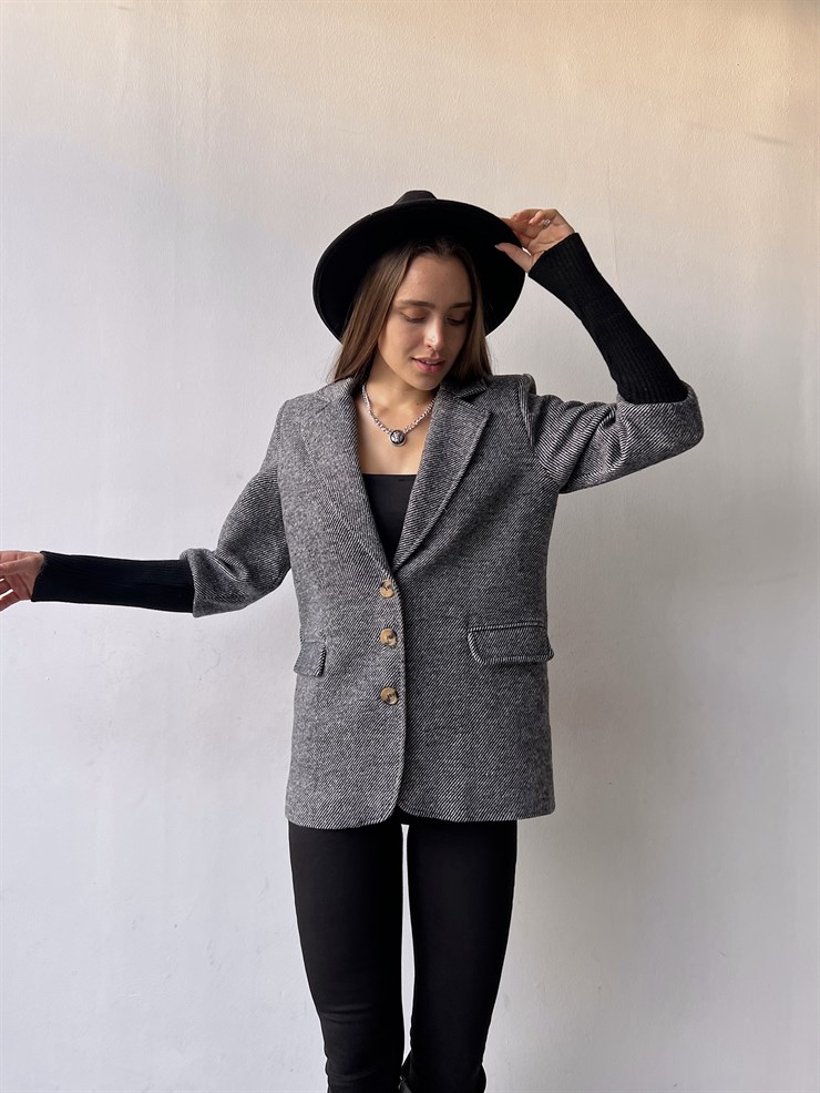 Kruvaze Yaka Ön Düğme Kapamalı Kadın Ayane Gri Ceket 23K000292