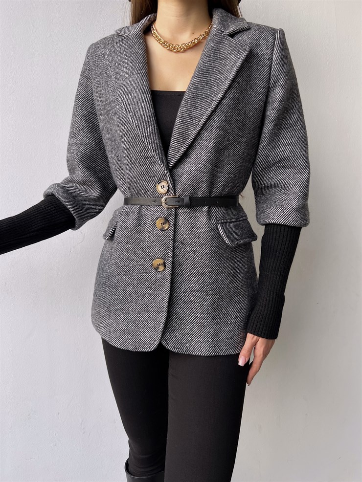 Kruvaze Yaka Ön Düğme Kapamalı Kadın Ayane Gri Ceket 23K000292