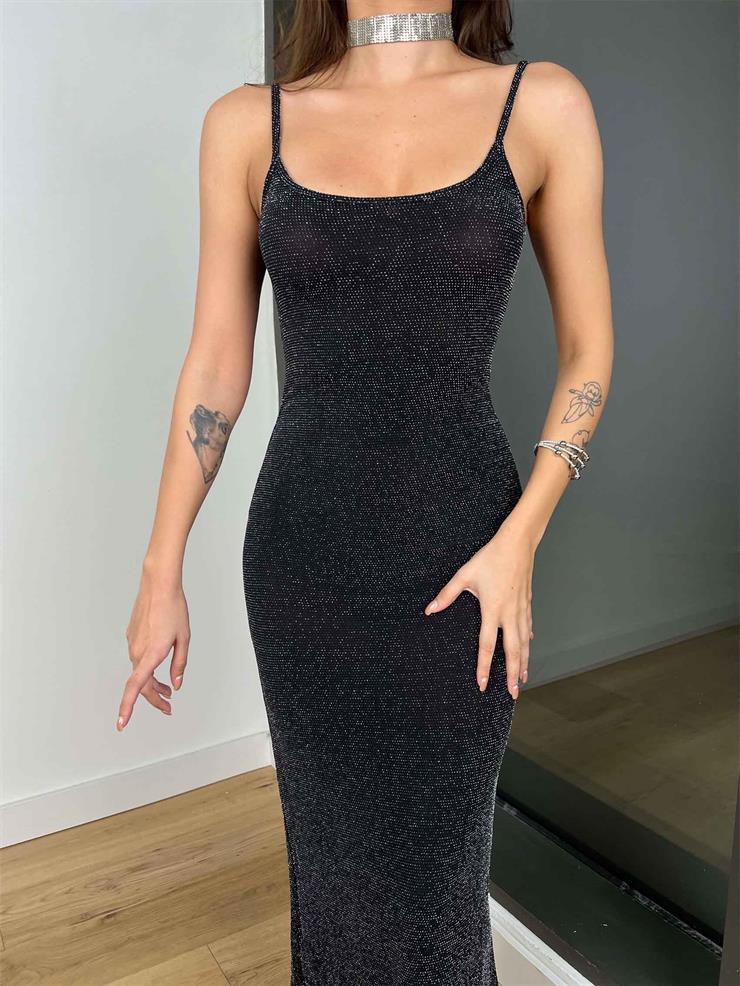 Ayarlanabilir Askılı Aleksia Kadın Gümüş Simli Elbise 24k304