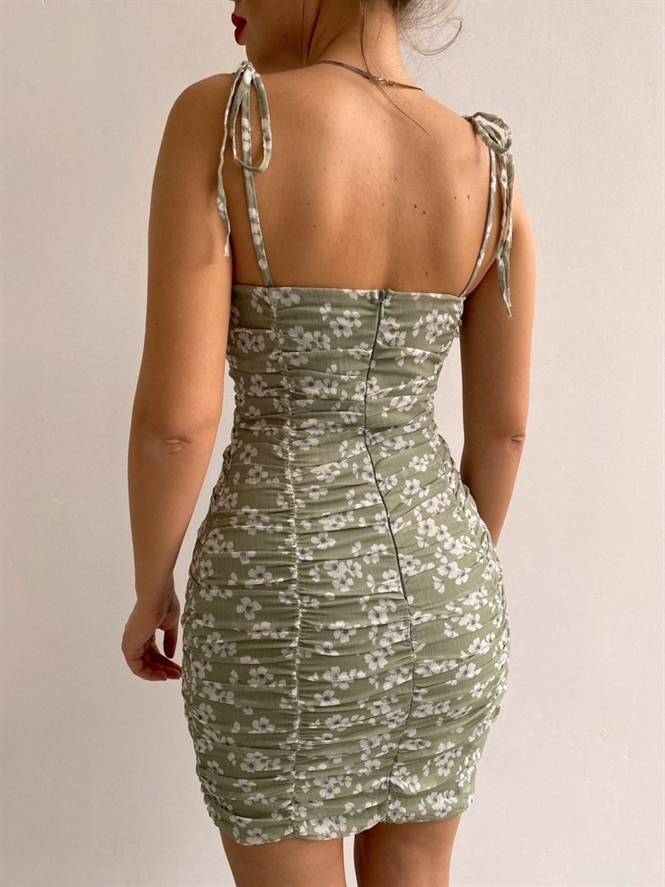 Ayarlanabilir Askılı Çiçek Desenli  Kadın Mint Renk Mini Elbise 21Y000356