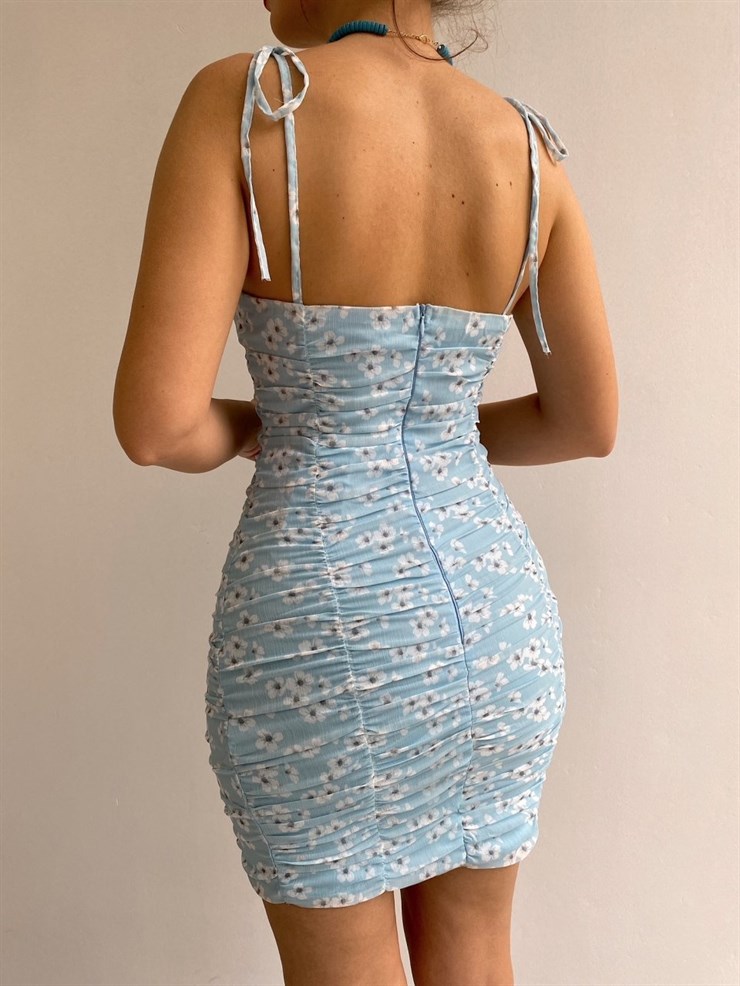 Ayarlanabilir Askılı Çiçek Desenli  Kadın Mavi Mini Elbise 21Y000356