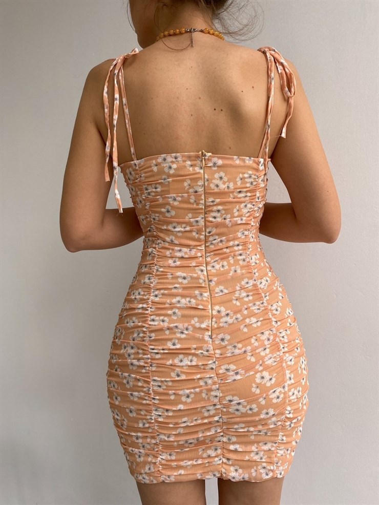 Ayarlanabilir Askılı Çiçek Desenli  Kadın Turuncu Mini Elbise 21Y000356