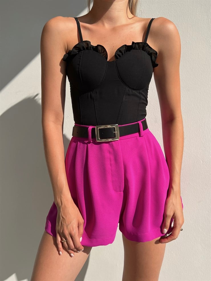 Ayarlanabilir Askılı Gipeli Göğüs Çevresi Fırfırlı Pruna Kadın Siyah Bluz 22Y000449