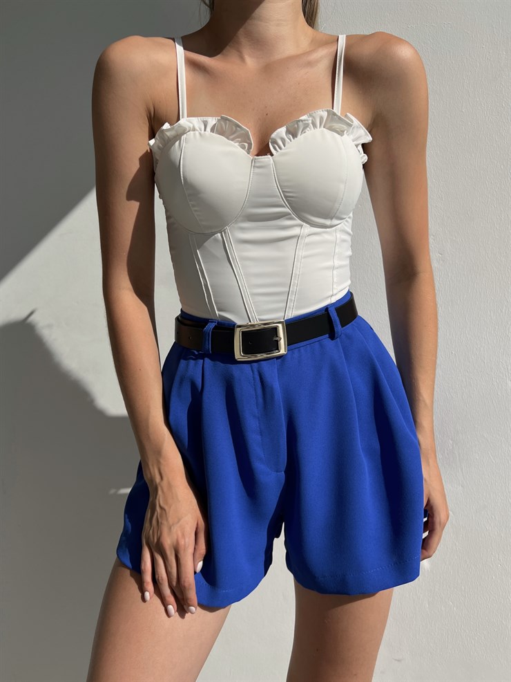 Ayarlanabilir Askılı Gipeli Göğüs Çevresi Fırfırlı Pruna Kadın Beyaz Bluz 22Y000449