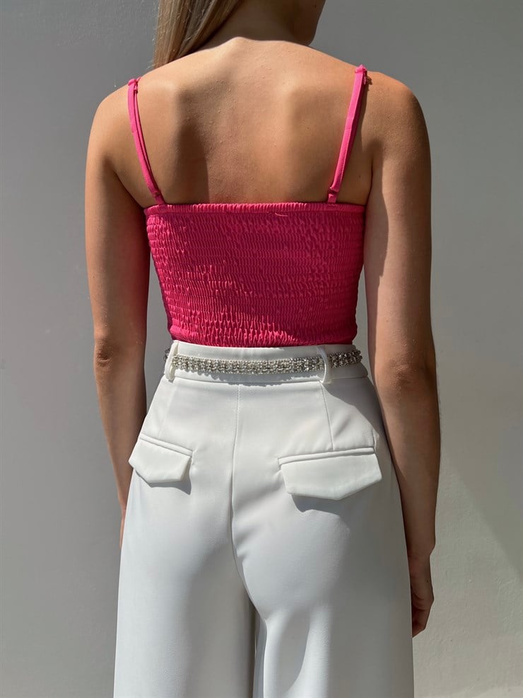 Ayarlanabilir Askılı Gipeli Göğüs Çevresi Taşlı Augere Kadın Fuşya Bluz 22Y000450