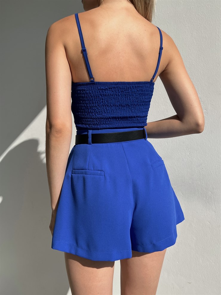 Ayarlanabilir Askılı Gipeli Göğüs Çevresi Fırfırlı Pruna Kadın Saks Bluz 22Y000449