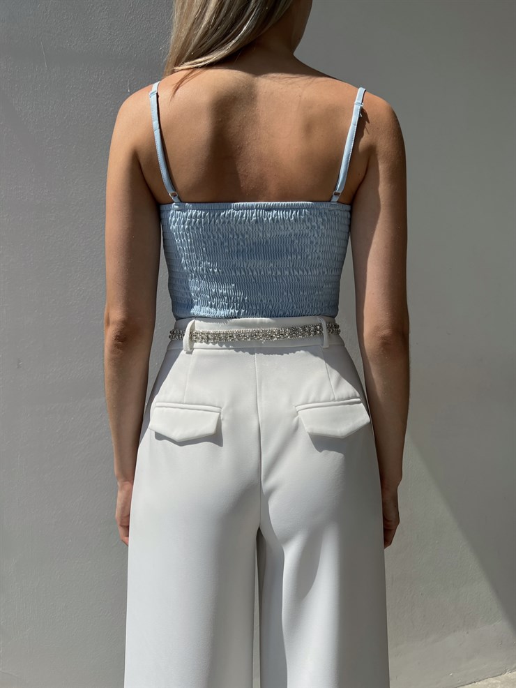 Ayarlanabilir Askılı Gipeli Göğüs Çevresi Taşlı Augere Kadın Mavi Bluz 22Y000450