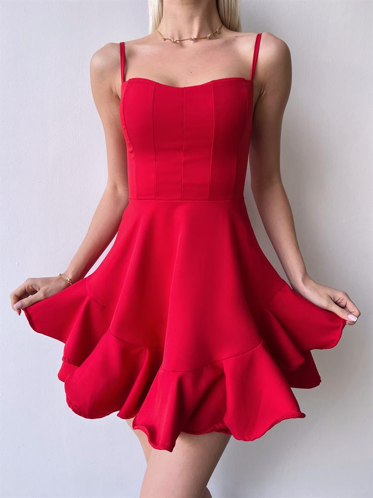 Ayarlanabilir İnce Askılı Eteği Volanlı Finn Kadın Kırmızı Mini Elbise 23Y000164