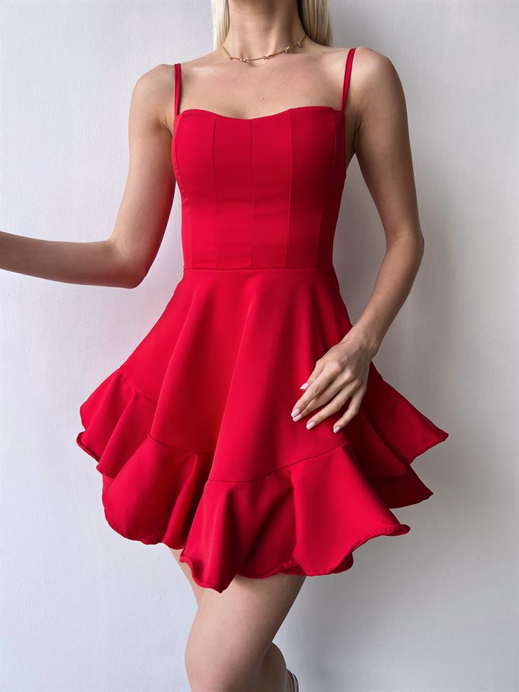 Ayarlanabilir İnce Askılı Eteği Volanlı Finn Kadın Kırmızı Mini Elbise 23Y000164