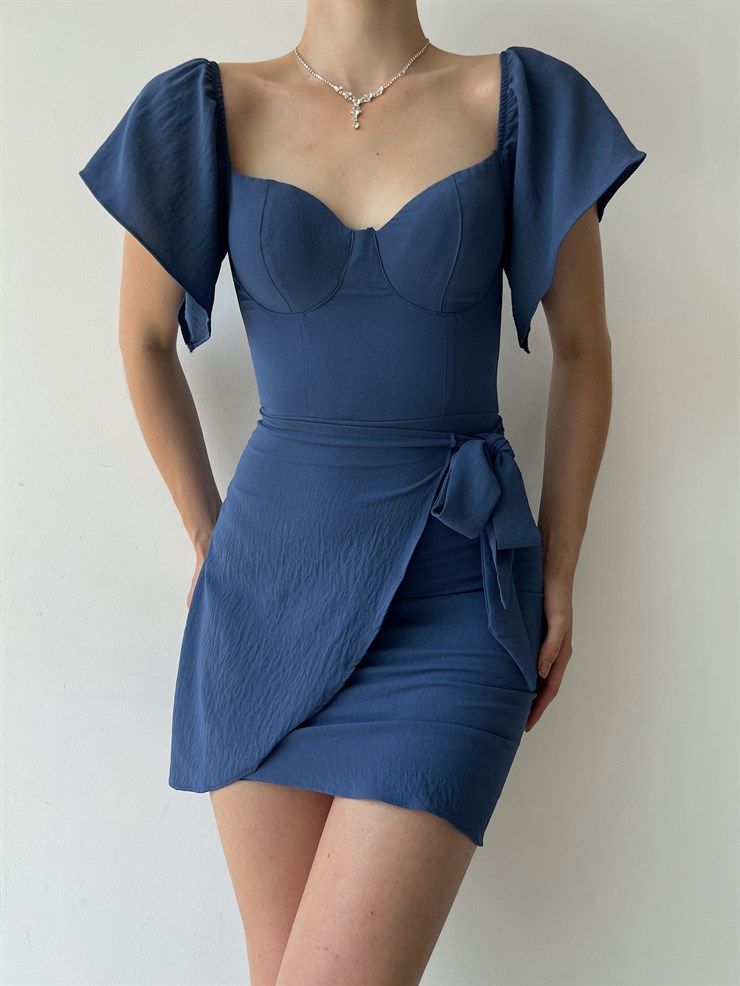 Ayarlanabilir Lastik Omuz Beli Bağcıklı Jovia Kadın İndigo Elbise 22Y000331