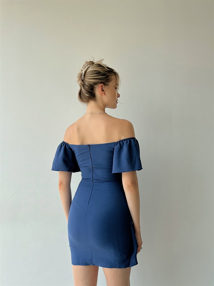 Ayarlanabilir Lastik Omuz Beli Bağcıklı Jovia Kadın İndigo Elbise 22Y000331