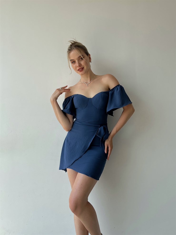 Ayarlanabilir Lastik Omuz Beli Bağcıklı Jovia Kadın İndigo Elbise 22Y000331