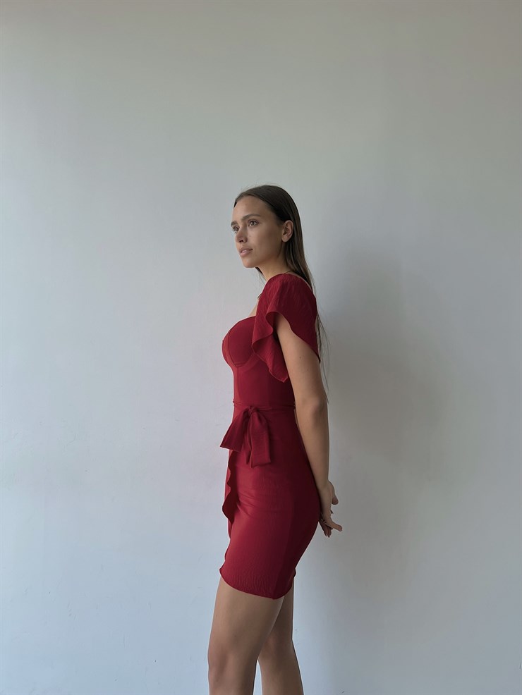 Ayarlanabilir Lastik Omuz Beli Bağcıklı Jovia Kadın Kırmızı Elbise 22Y000331