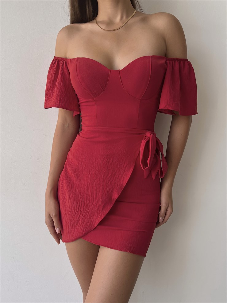 Ayarlanabilir Lastik Omuz Beli Bağcıklı Jovia Kadın Kırmızı Elbise 22Y000331