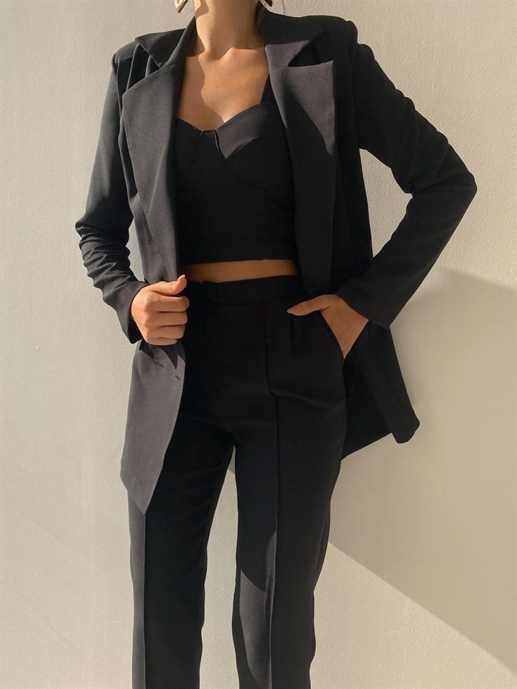 Ayarlanır Bağcıklı Crop Blazer Ceket Pantolon Aureliana Kadın Siyah Üçlü Takım 22K000059
