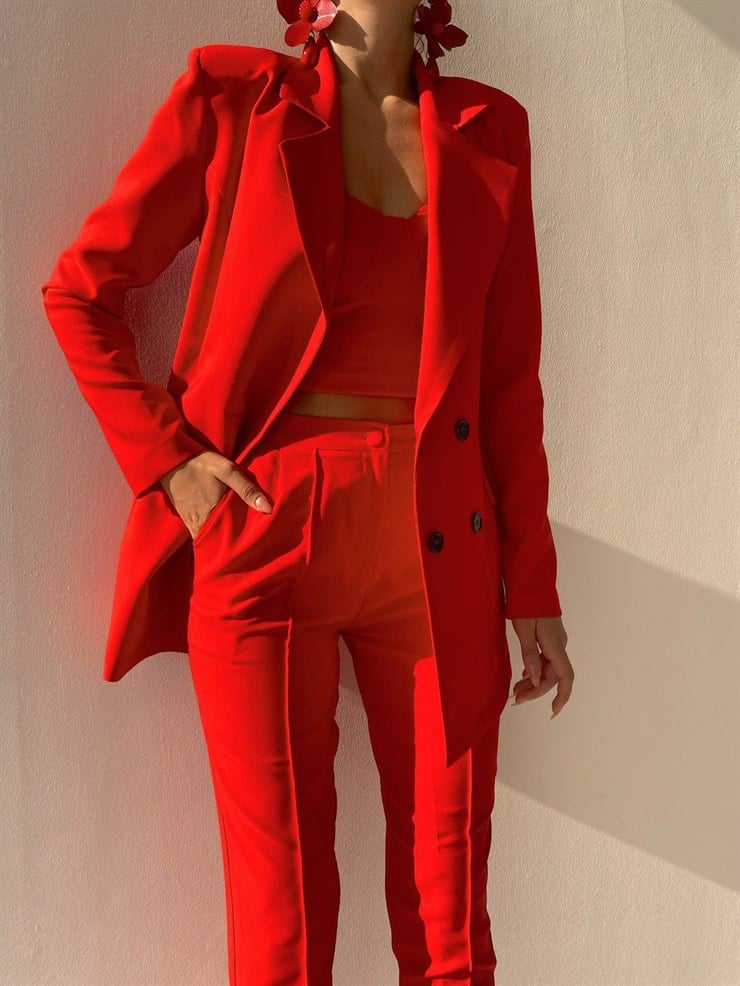 Ayarlanır Bağcıklı Crop Blazer Ceket Pantolon Aureliana Kadın Kırmızı Üçlü Takım 22K000059