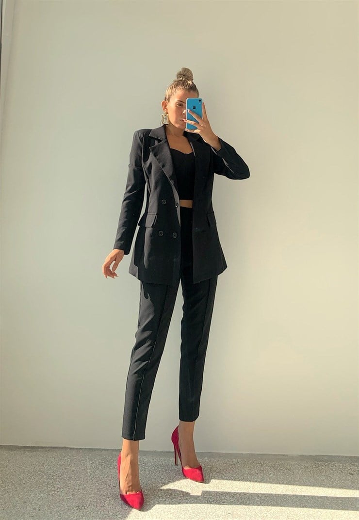 Ayarlanır Bağcıklı Crop Blazer Ceket Pantolon Aureliana Kadın Siyah Üçlü Takım 22K000059