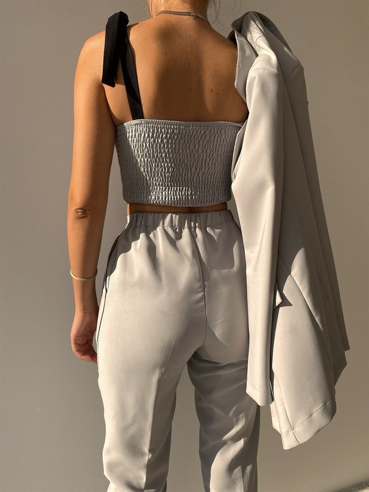 Ayarlanır Bağcıklı Crop Blazer Ceket Pantolon Aureliana Kadın Gri Üçlü Takım 22K000059
