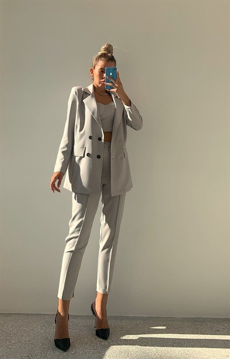 Ayarlanır Bağcıklı Crop Blazer Ceket Pantolon Aureliana Kadın Gri Üçlü Takım 22K000059