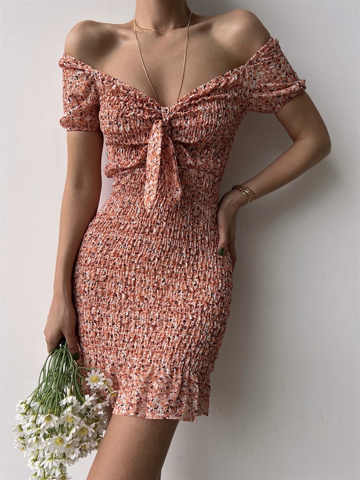 Ayarlanır Lastik Omuz Önü Bağlamalı Gipeli Kadın Turuncu Elbise 20Y000035