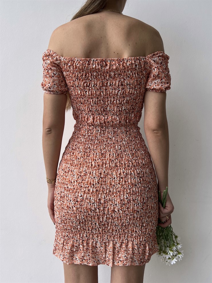 Ayarlanır Lastik Omuz Önü Bağlamalı Gipeli Kadın Turuncu Elbise 20Y000035