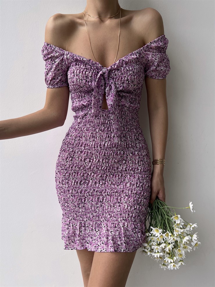 Ayarlanır Lastik Omuz Önü Bağlamalı Gipeli Kadın Lila Elbise 20Y000035