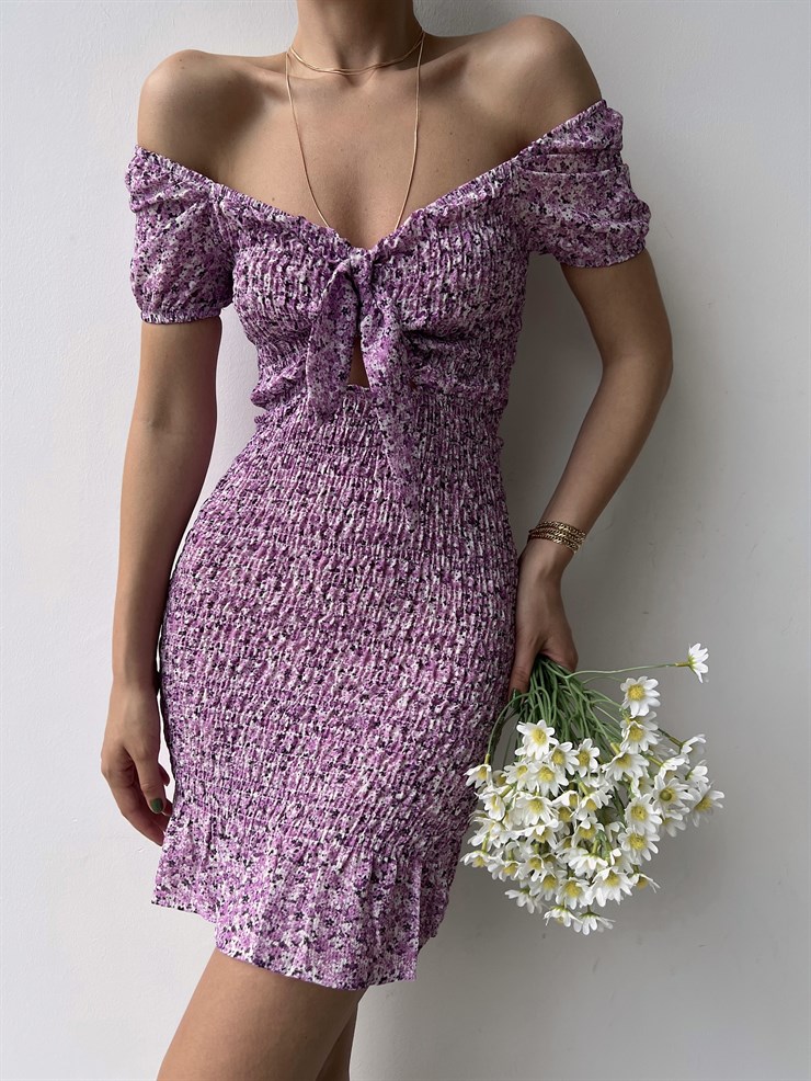 Ayarlanır Lastik Omuz Önü Bağlamalı Gipeli Kadın Lila Elbise 20Y000035