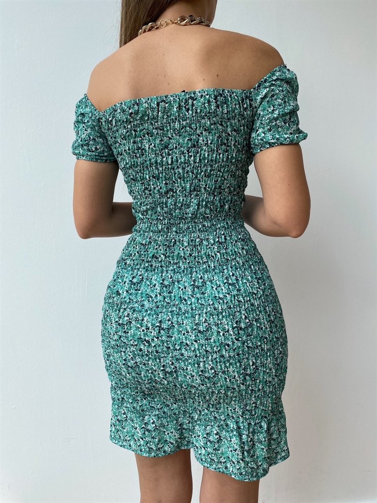 Ayarlanır Lastik Omuz Önü Bağlamalı Gipeli Kadın Yeşil Elbise 20Y000035