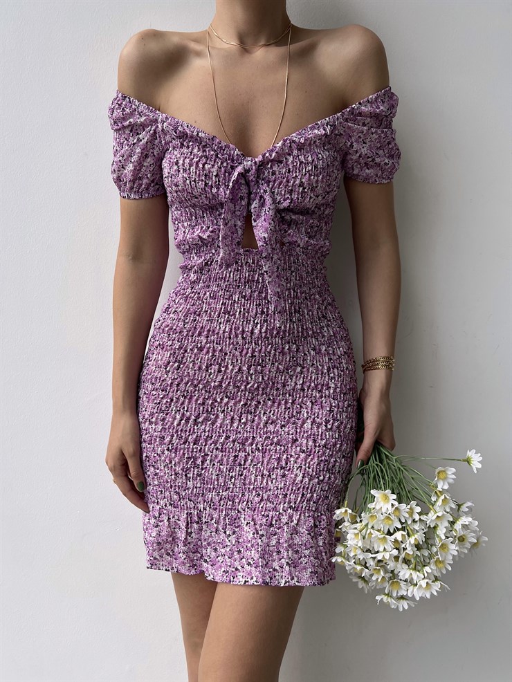 Ayarlanır Lastik Omuz Önü Bağlamalı Gipeli Kadın Lila Elbise 20Y000035