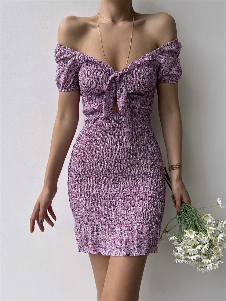 Ayarlanır Lastik Omuz Önü Bağlamalı Gipeli Kadın Lila Elbise 20Y000035