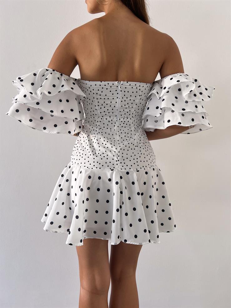 Düşük Fırfırlı Kol Drape Detaylı Ayer Kadın Puantiyeli Beyaz Mini Elbise 23Y000479