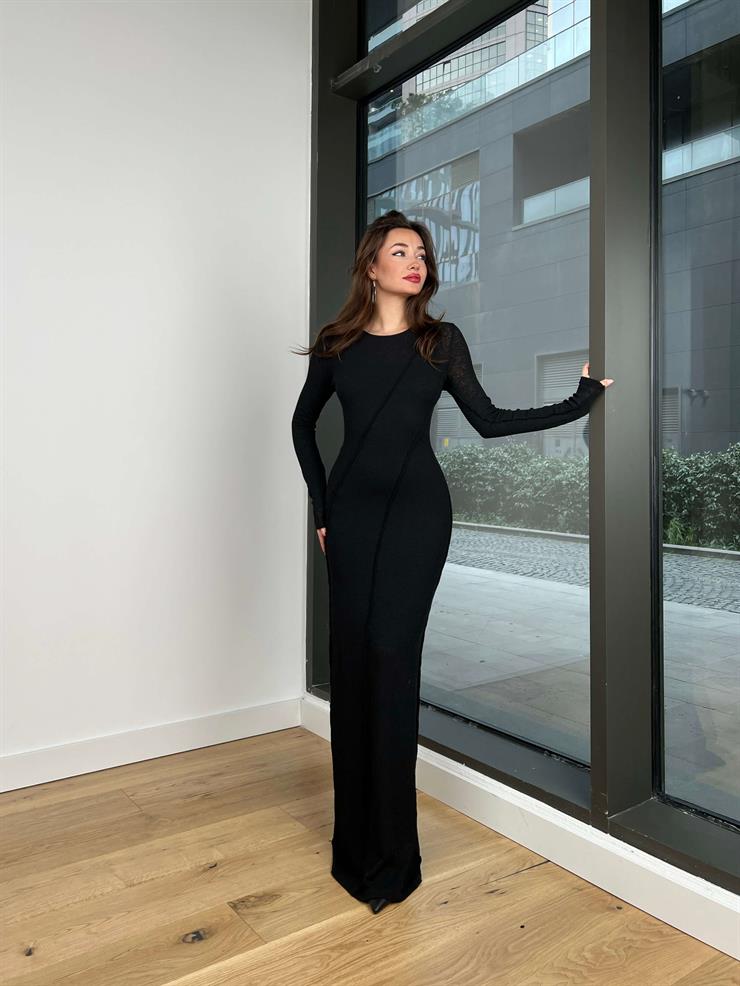 Uzun Kol Sırt Dekolteli Aymen Kadın Siyah Maxi Elbise 24Y044