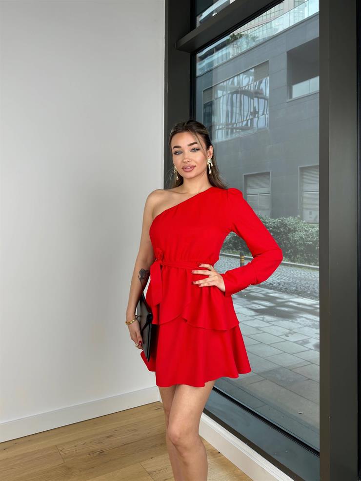 Tek Omuz Beli Kuşaklı Eteği Katlı Ayra Kırmızı Kadın Mini Elbise 25K455