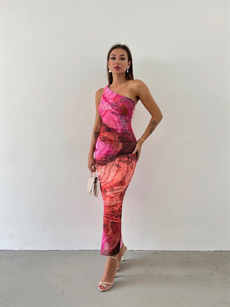 Tek Omuz Drape Detaylı Tül Ayris Kadın Fuşya Elbise 23Y000569