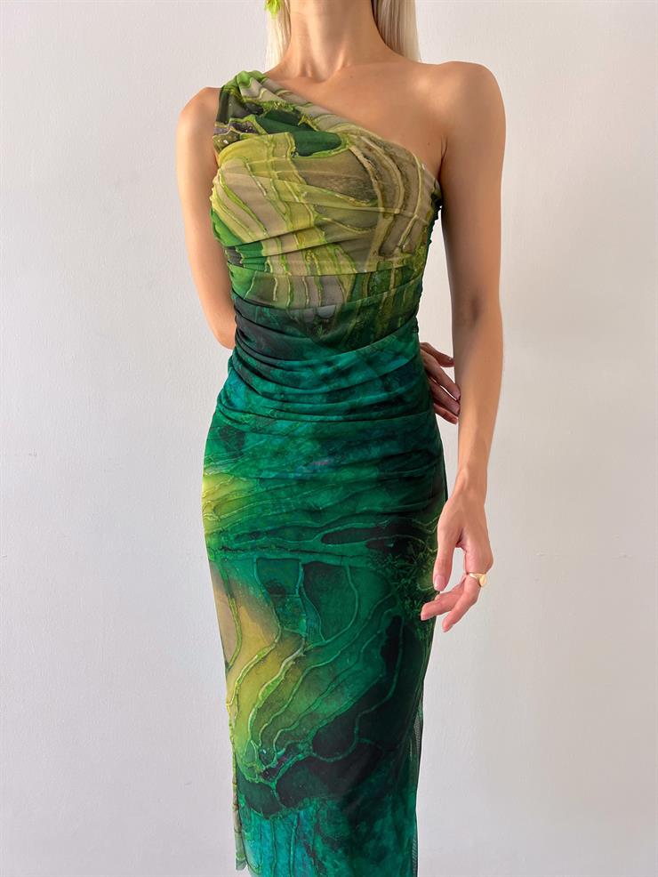 Tek Omuz Drape Detaylı Tül Ayris Kadın Haki Elbise 23Y000569