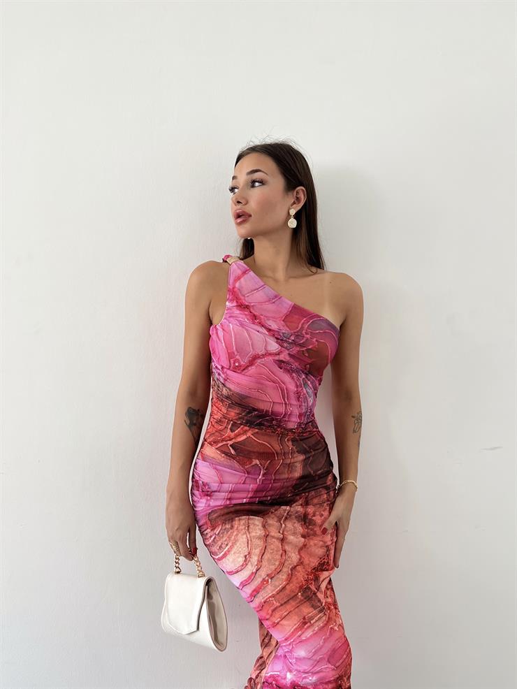 Tek Omuz Drape Detaylı Tül Ayris Kadın Fuşya Elbise 23Y000569