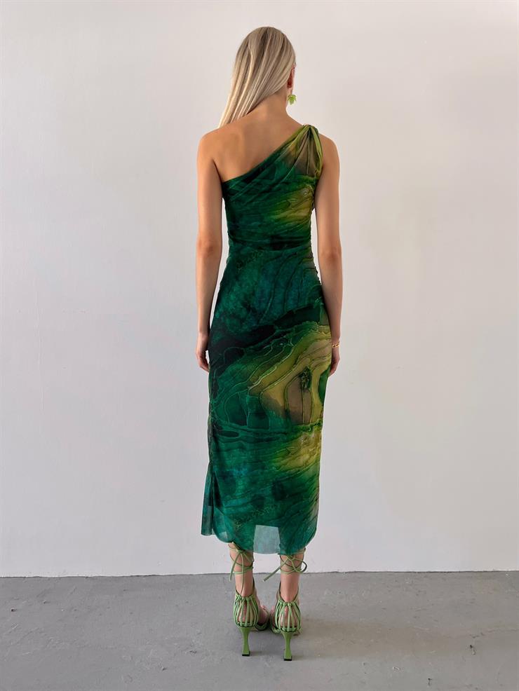 Tek Omuz Drape Detaylı Tül Ayris Kadın Haki Elbise 23Y000569