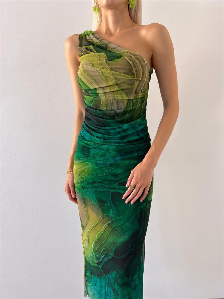 Tek Omuz Drape Detaylı Tül Ayris Kadın Haki Elbise 23Y000569